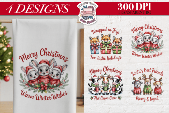 Download Christmas Cute Animals 4 Designs PNG - Design Collection